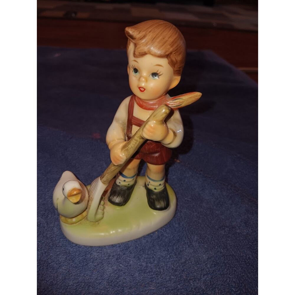 Vintage Napcoware Fine Porcelain Figurine Boy Raking With A Duck Very Nice